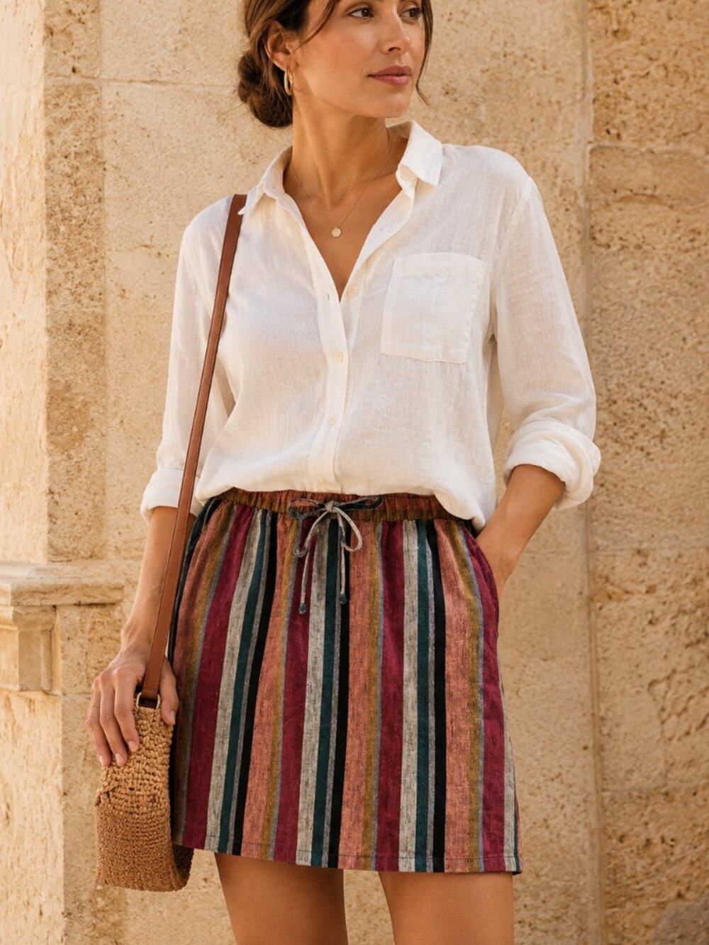 Garnet Hill 100% French Flax Linen Pull-On Skirt Harvest Stripe Small